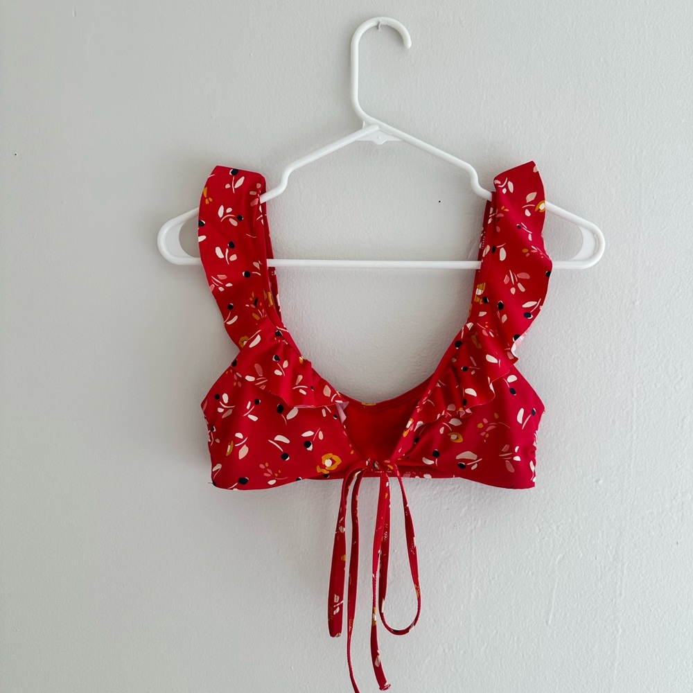 OYSHO Red Bikini Top with Floral Print, Size Small